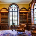 A vintage, Art Nouveau library with stained glass windows, ornate bookshelves, and antique leather chairs1, Generative AI
