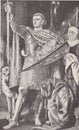 Vintage artist impression of Edward I presenting his infant son on a shield to the people as the first Prince of Wales.
