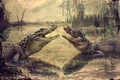 Vintage Artistic Rendering of Two Crocodiles Engaging in a Fierce Duel in a Swampy Marshland Royalty Free Stock Photo