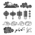 Vintage asian element silhouettes. Traditional chinese or japanese lamps, flowers, clouds Royalty Free Stock Photo