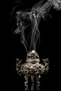 Vintage asian style iron vase on a black background with reflection and nice smoke Royalty Free Stock Photo