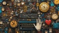 Vintage Assemblage with Typewriter and Clock Royalty Free Stock Photo