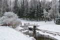 Vintage `ÃÂ¡ast Iron` bridge over Slavyanka river. The Winter landscape. Pavlovsk Palace Park. Saint-Petersburg, Russia