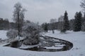 Vintage `ÃÂ¡ast Iron` bridge over Slavyanka river. The Winter landscape. Pavlovsk Palace Park. Saint-Petersburg, Russia