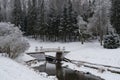 Vintage `ÃÂ¡ast Iron` bridge over Slavyanka river. The Winter landscape. Pavlovsk Palace Park. Saint-Petersburg, Russia