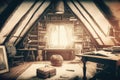 vintage attic, filled with antique furniture and old books, surrounded by the pencil sketches of past owners Royalty Free Stock Photo