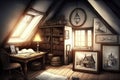 vintage attic, filled with antique furniture and old books, surrounded by the pencil sketches of past owners Royalty Free Stock Photo