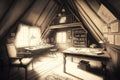 vintage attic, filled with antique furniture and old books, surrounded by the pencil sketches of past owners Royalty Free Stock Photo