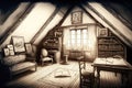 vintage attic, filled with antique furniture and old books, surrounded by the pencil sketches of past owners Royalty Free Stock Photo