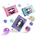 Vintage audio cassettes of the 90s on a white background. Music of the 90s. 90\'s disco. Back in the 90s. Royalty Free Stock Photo