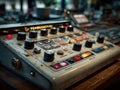 Vintage Audio Mixer Console with Knobs and Buttons in Studio Setting Royalty Free Stock Photo