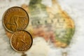 Vintage Australian Coins over Map Background Retro effects Royalty Free Stock Photo