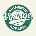 Vintage authentic apparel typography. Grunge print for original t-shirt design. Graphics badge for retro clothes. Vector.