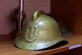 Vintage authentic firefighter helmet with selective focus. Background with copy space