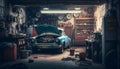 Vintage auto garage. Inside the car repair station.