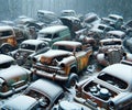 Vintage automobile wrecking yard with rusted antique cars and trucks AI Generated Royalty Free Stock Photo