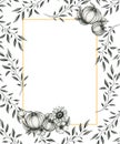 Vintage autumn card template for save the date, wedding invites or greeting cards, golden frame with pumpkins and leaf hand drawn