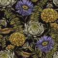 Vintage Autumn Flowers Seamless Pattern, Classic Botanical Aster, Marigold, Chrysanthemum Floral Texture, Moth and Fern