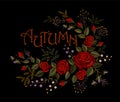 Vintage autumn lettering flower red rose arrangement. Embroidery floral fashion decoration patch. Fall season t skirt