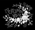 Vintage autumn lettering flower white lace rose arrangement. Embroidery floral fashion decoration patch. Fall season t