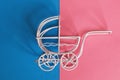 Vintage baby stroller on pink and blue background. Boy or girl question