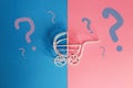 Vintage baby stroller on pink and blue background. Boy or girl question