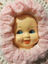 Vintage babydoll doll face in pink crochet cupie kewpie dollhead