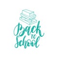 Vintage Back to school poster with books drawing. Vector hand lettering. Knowledge day design concept.