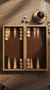 Vintage Backgammon Board with Dice and Coffee Cup on Wooden Surface Royalty Free Stock Photo