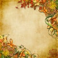 Vintage background with autumn bouquet of flowers and berries with copy space Royalty Free Stock Photo