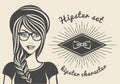 Vintage background beautiful woman in a hat hipster, hipster style Sunburst text. Vector illustration Royalty Free Stock Photo