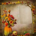 Vintage background with card, bouquet of autumn leaves and berries in a vase from pumpkin Royalty Free Stock Photo