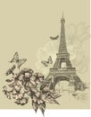 Vintage Background With Eiffel Tower And Blooming Phlox. Hand Drawing, Vector Illustration