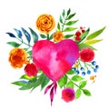 Vintage background with flowers in love and flower heart, Beautiful watercolor floral heart. Love Heart icon. Summer botanical Royalty Free Stock Photo