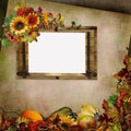 Vintage background with frame, flowers, leaves, berries and pumpkins