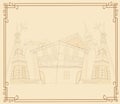 Vintage background with french architecture on white ba