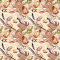 Vintage background with herbarium, exploring collection: feathers, sea shells, flowers, glass bottles. Retro design: old