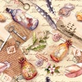 Vintage background with herbarium, exploring collection: feathers, sea shells, flowers, glass bottles. Retro design: old