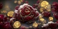 Vintage Background with Ice on Ornate with Gold Deep Red Roses and Petals