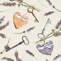 Vintage background - lavender flowers, aged keys, textile hearts. Seamless pattern, rural style. Watercolor
