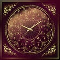 Vintage background mandala clock card with golden lace ornaments and art deco floral decorative elements