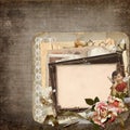 Vintage background with old frames, angels, roses and old retro decorations Royalty Free Stock Photo