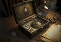 Vintage Background with an Open Wooden Suitcase and a Compass Inside, Some Manuscripts and a Glass Bottle next to it