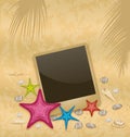 Vintage background with photo frame, starfishes, p