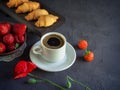 Vintage Background With Red Poppies I, A Cup Of Coffee, Strawberries In A Plate And Croissants On A Wooden Tray