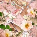 Vintage background, retro design, Aged paper, roses flowers, notes, watercolor feathers, keys. Repeating floral pattern