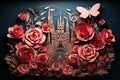 Vintage Background With Roses And A Castle. Vector Illustration. Generative AI