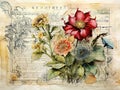 Vintage background with victorian style flowers and ephemera. Decoupage crafting paper