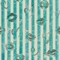 Vintage background with watercolor hearts and lips on teal turquoise stripes seamless pattern