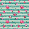 Vintage Background With Watercolor Pink Red Roses On Teal Turquoise Stripes Seamless Pattern
